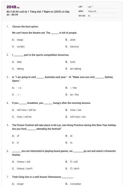 Bộ 5 đề thi cuối kỳ 1 Tiếng Anh 7 Right on (2025) có đáp án - Đề 04