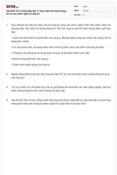 Giải SBT Tin 9 Cánh diều Bài 3: Thực hành tìm hiểu thông tin về các nhóm nghề có đáp án