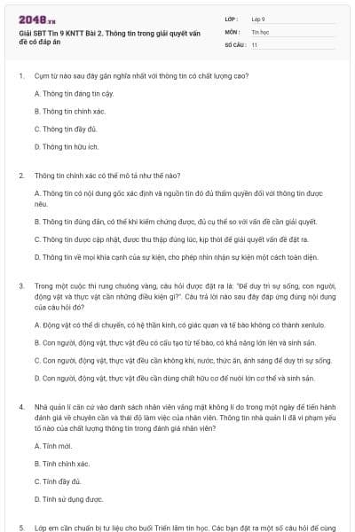 Giải SBT Tin 9 KNTT Bài 2. Thông tin trong giải quyết vấn đề có đáp án