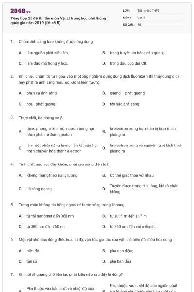 Tổng hợp 20 đề thi thử môn Vật Lí trung học phổ thông quốc gia năm 2019 (Đề số 5)