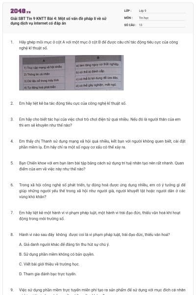Giải SBT Tin 9 KNTT Bài 4: Một số vấn đề pháp lí về sử dụng dịch vụ internet có đáp án