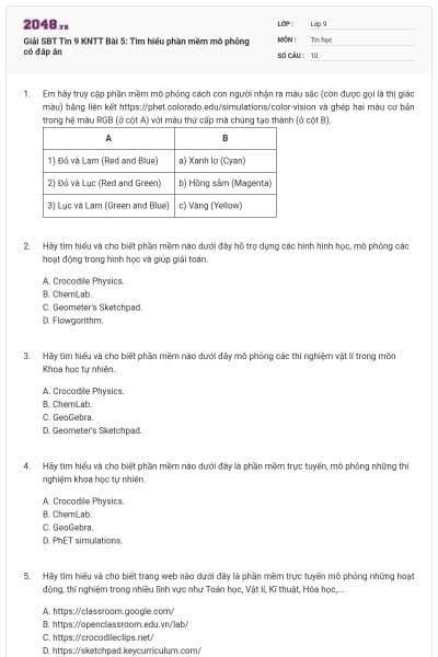 Giải SBT Tin 9 KNTT Bài 5: Tìm hiểu phần mềm mô phỏng có đáp án