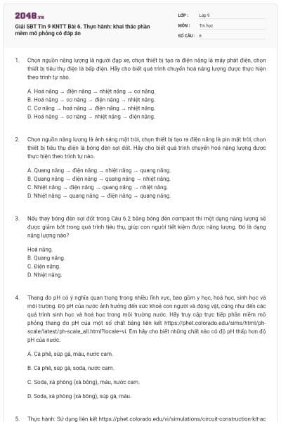 Giải SBT Tin 9 KNTT Bài 6. Thực hành: khai thác phần mềm mô phỏng có đáp án