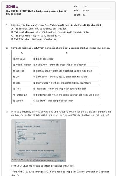 Giải SBT Tin 9 KNTT Bài 9a. Sử dụng công cụ xác thực dữ liệu có đáp án