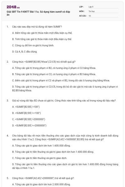 Giải SBT Tin 9 KNTT Bài 11a. Sử dụng hàm sumif có đáp án