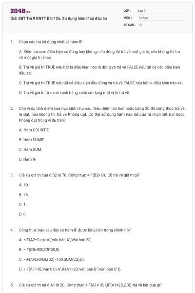 Giải SBT Tin 9 KNTT Bài 12a. Sử dụng hàm if có đáp án