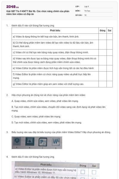 Giải SBT Tin 9 KNTT Bài 9b. Các chức năng chính của phần mềm làm video có đáp án