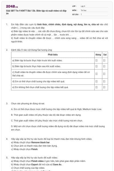 Giải SBT Tin 9 KNTT Bài 13b. Biên tập và xuất video có đáp án