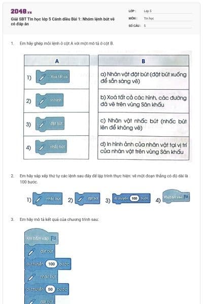 Giải SBT Tin học lớp 5 Cánh diều Bài 1: Nhóm lệnh bút vẽ có đáp án