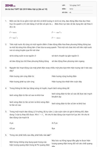 Đề thi thử THPT QG 2019 Môn Vật Lý (Đề số 19)