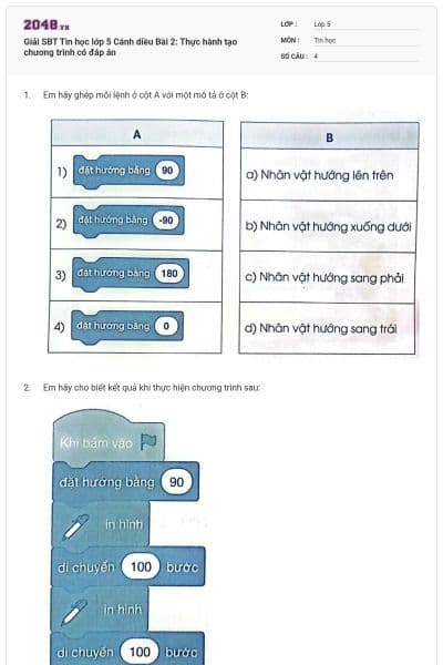 Giải SBT Tin học lớp 5 Cánh diều Bài 2: Thực hành tạo chương trình có đáp án
