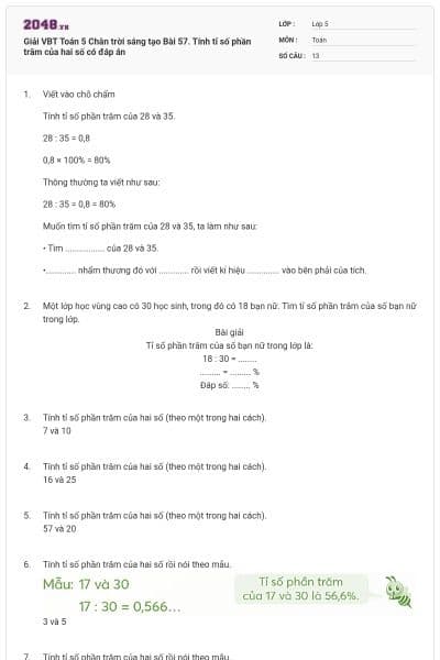 Giải VBT Toán 5 Chân trời sáng tạo Bài 57. Tính tỉ số phần trăm của hai số có đáp án