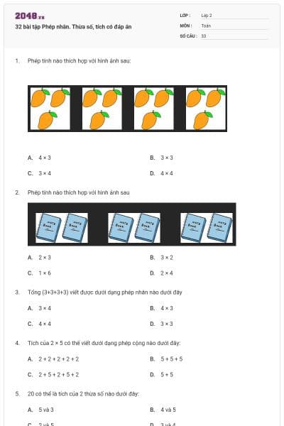 32 bài tập Phép nhân. Thừa số, tích có đáp án