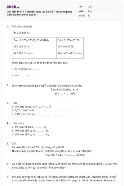 Giải VBT Toán 5 Chân trời sáng tạo Bài 58. Tìm giá trị phần trăm của một số có đáp án
