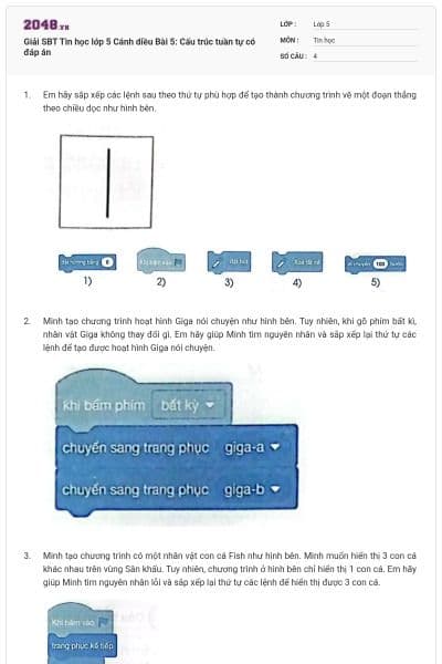 Giải SBT Tin học lớp 5 Cánh diều Bài 5: Cấu trúc tuần tự có đáp án