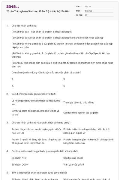 23 câu  Trắc nghiệm Sinh Học 10 Bài 5 (có đáp án): Protêin