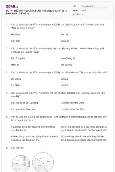 ĐỀ THI THỬ THPT QUỐC GIA LẦN 1 NĂM HỌC 2018 - 2019 MÔN ĐỊA LÍ (ĐẾ SỐ 1)