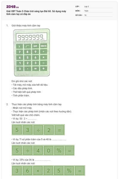 Giải VBT Toán 5 Chân trời sáng tạo Bài 60. Sử dụng máy tính cầm tay có đáp án