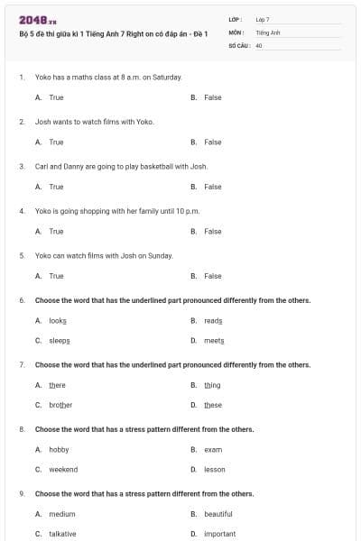 Bộ 5 đề thi giữa kì 1 Tiếng Anh 7 Right on có đáp án - Đề 1