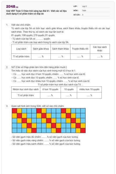 Giải VBT Toán 5 Chân trời sáng tạo Bài 61. Viết các số liệu dưới dạng tỉ số phần trăm có đáp án