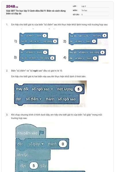 Giải SBT Tin học lớp 5 Cánh diều Bài 9: Biến và cách dùng biến có đáp án