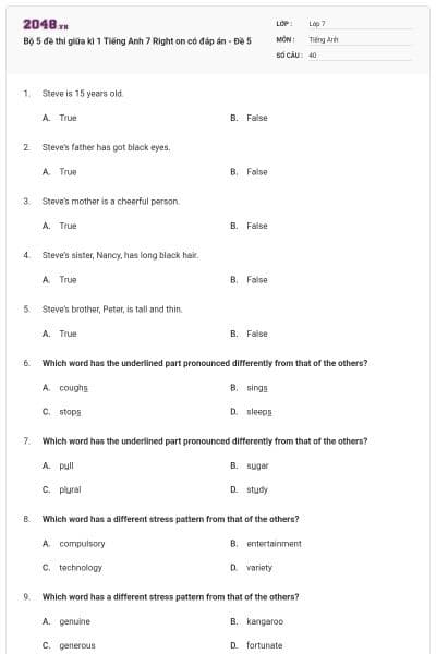 Bộ 5 đề thi giữa kì 1 Tiếng Anh 7 Right on có đáp án - Đề 5