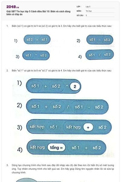 Giải SBT Tin học lớp 5 Cánh diều Bài 10: Biến và cách dùng biến có đáp án