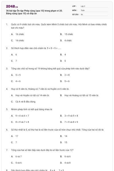 36 bài tập Ôn tập Phép cộng (qua 10) trong phạm vi 20. Bảng cộng (qua 10) có đáp án