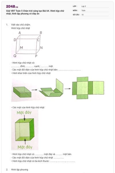 Giải VBT Toán 5 Chân trời sáng tạo Bài 64. Hình hộp chữ nhật, hình lập phương có đáp án