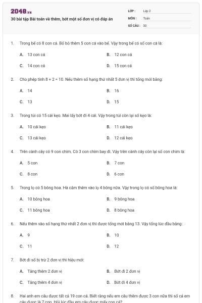 30 bài tập Bài toán về thêm, bớt một số đơn vị có đáp án