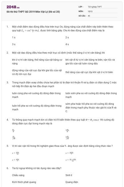 Đề thi thử THPT QG 2019 Môn Vật Lý (Đề số 20)