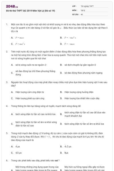 Đề thi thử THPT QG 2019 Môn Vật Lý (Đề số 19)
