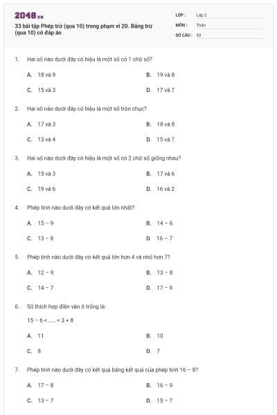 33 bài tập Phép trừ (qua 10) trong phạm vi 20. Bảng trừ (qua 10) có đáp án