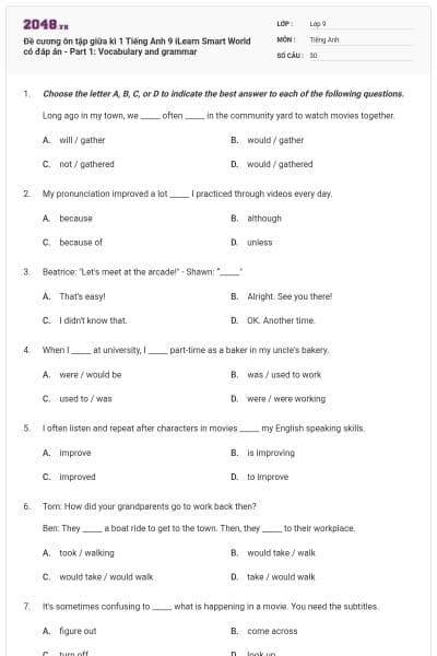 Đề cương ôn tập giữa kì 1 Tiếng Anh 9 iLearn Smart World có đáp án - Part 1: Vocabulary and grammar