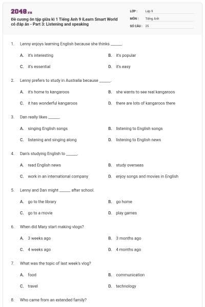 Đề cương ôn tập giữa kì 1 Tiếng Anh 9 iLearn Smart World có đáp án - Part 3: Listening and speaking