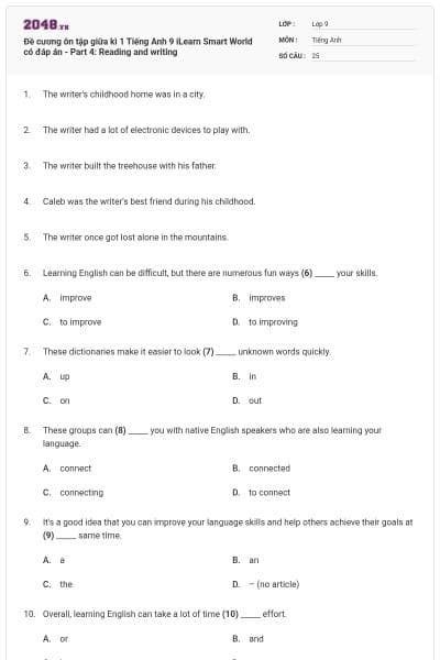 Đề cương ôn tập giữa kì 1 Tiếng Anh 9 iLearn Smart World có đáp án - Part 4: Reading and writing