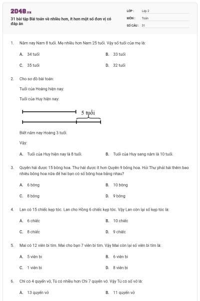 31 bài tập Bài toán về nhiều hơn, ít hơn một số đơn vị có đáp án