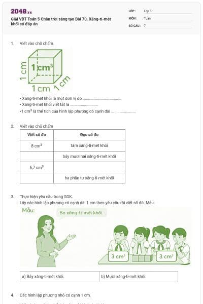Giải VBT Toán 5 Chân trời sáng tạo Bài 70. Xăng-ti-mét khối có đáp án