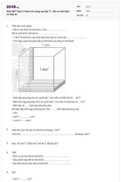 Giải VBT Toán 5 Chân trời sáng tạo Bài 71. Đề-xi-mét khối có đáp án