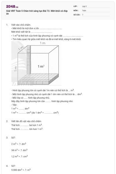 Giải VBT Toán 5 Chân trời sáng tạo Bài 72. Mét khối có đáp án