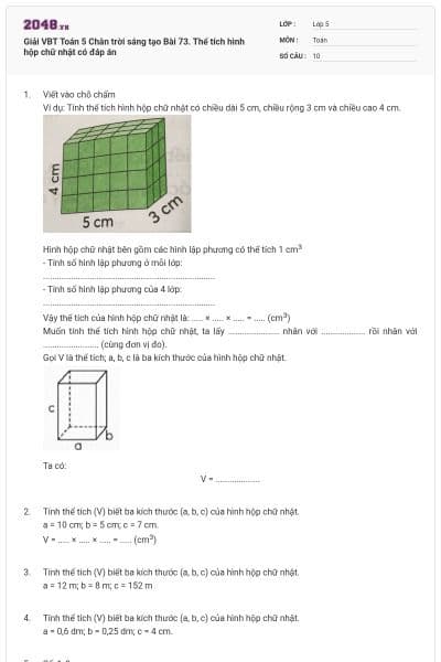 Giải VBT Toán 5 Chân trời sáng tạo Bài 73. Thể tích hình hộp chữ nhật có đáp án