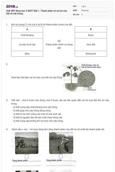 Giải VBT Khoa học 5 KNTT Bài 1. Thành phần và vai trò của đất và cây trồng.
