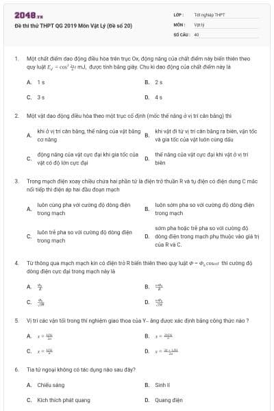 Đề thi thử THPT QG 2019 Môn Vật Lý (Đề số 20)