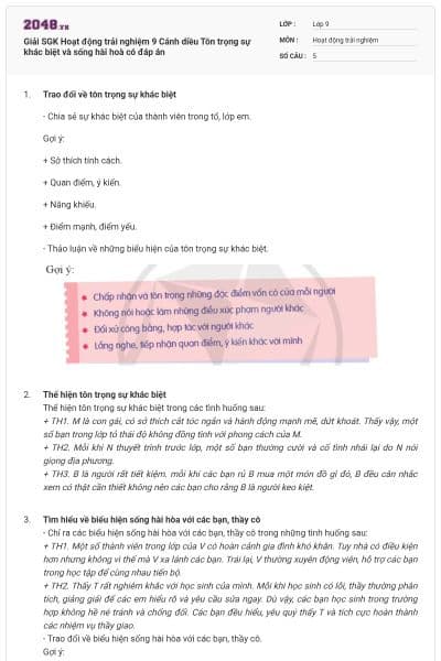 Giải SGK Hoạt động trải nghiệm 9 Cánh diều Tôn trọng sự khác biệt và sống hài hoà có đáp án