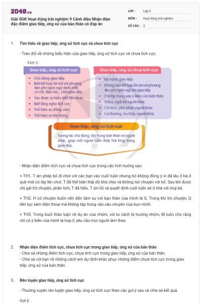 Giải SGK Hoạt động trải nghiệm 9 Cánh diều Nhận diện đặc điểm giao tiếp, ứng xử của bản thân có đáp án