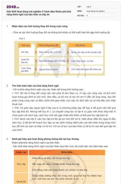 Giải SGK Hoạt động trải nghiệm 9 Cánh diều Khám phá khả năng thích nghi của bản thân có đáp án