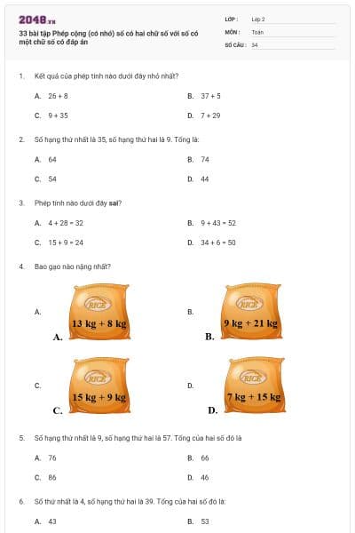 33 bài tập Phép cộng (có nhớ) số có hai chữ số với số có một chữ số có đáp án