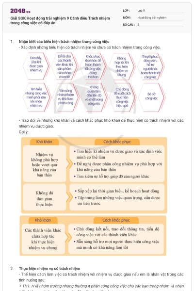 Giải SGK Hoạt động trải nghiệm 9 Cánh diều Trách nhiệm trong công việc có đáp án