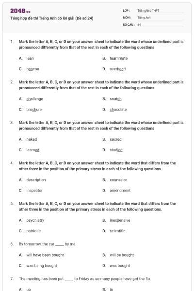 Tổng hợp đề thi Tiếng Anh có lời giải (Đề số 24)