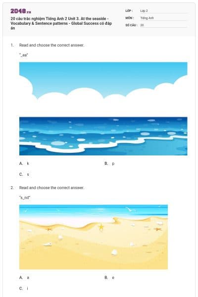 20 câu trắc nghiệm Tiếng Anh 2 Unit 3. At the seaside - Vocabulary & Sentence patterns - Global Success có đáp án